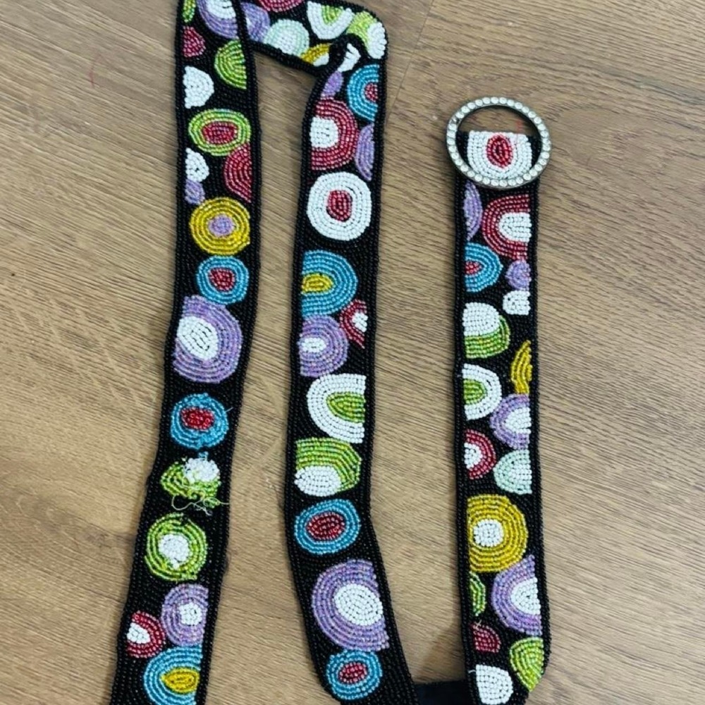 Handmade Beaded Belt Multicolored Concentric Circles Rhinestone Buckle Black M